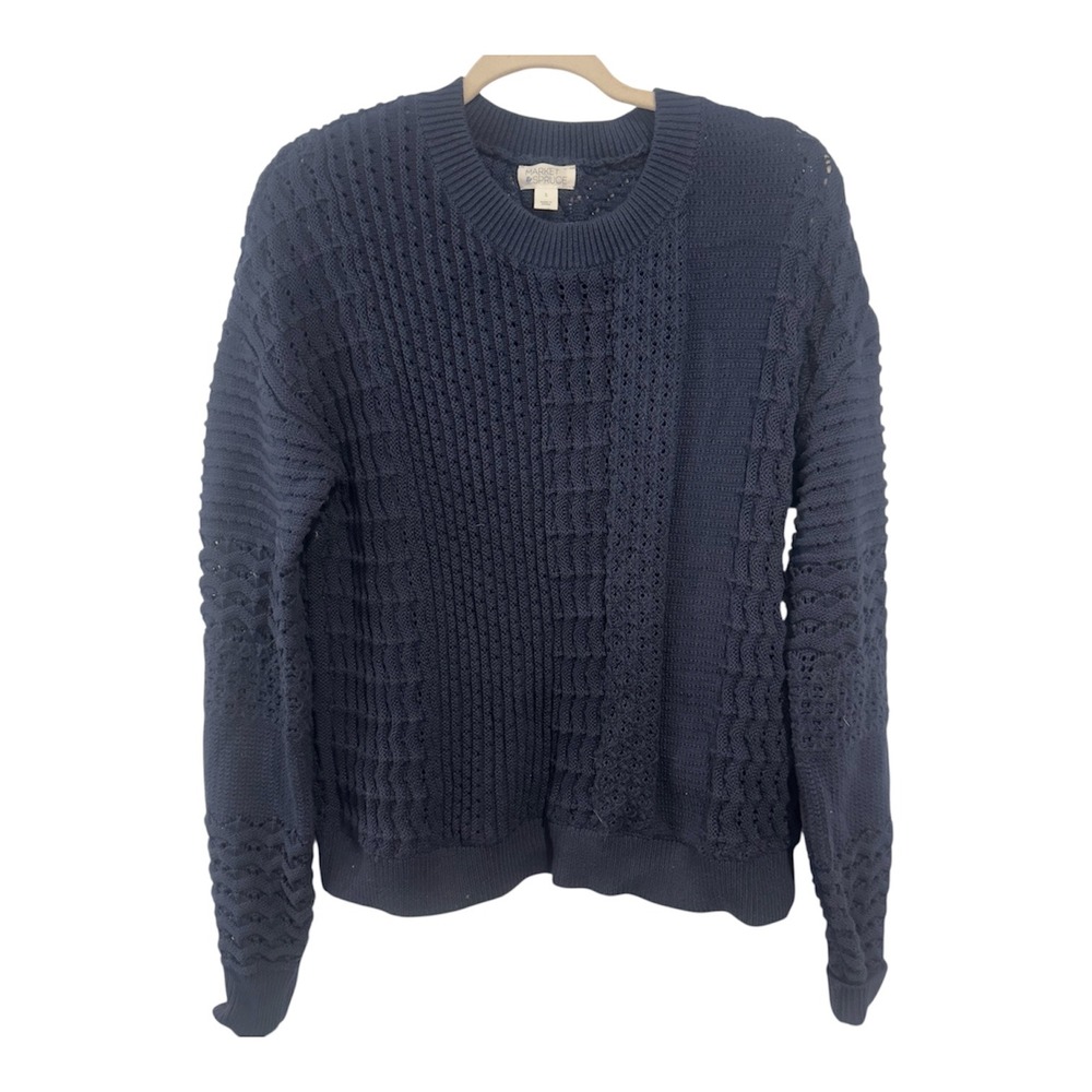 Market & Spruce Navy Blue Mixed Knit Pointelle Crewneck Sweater Large